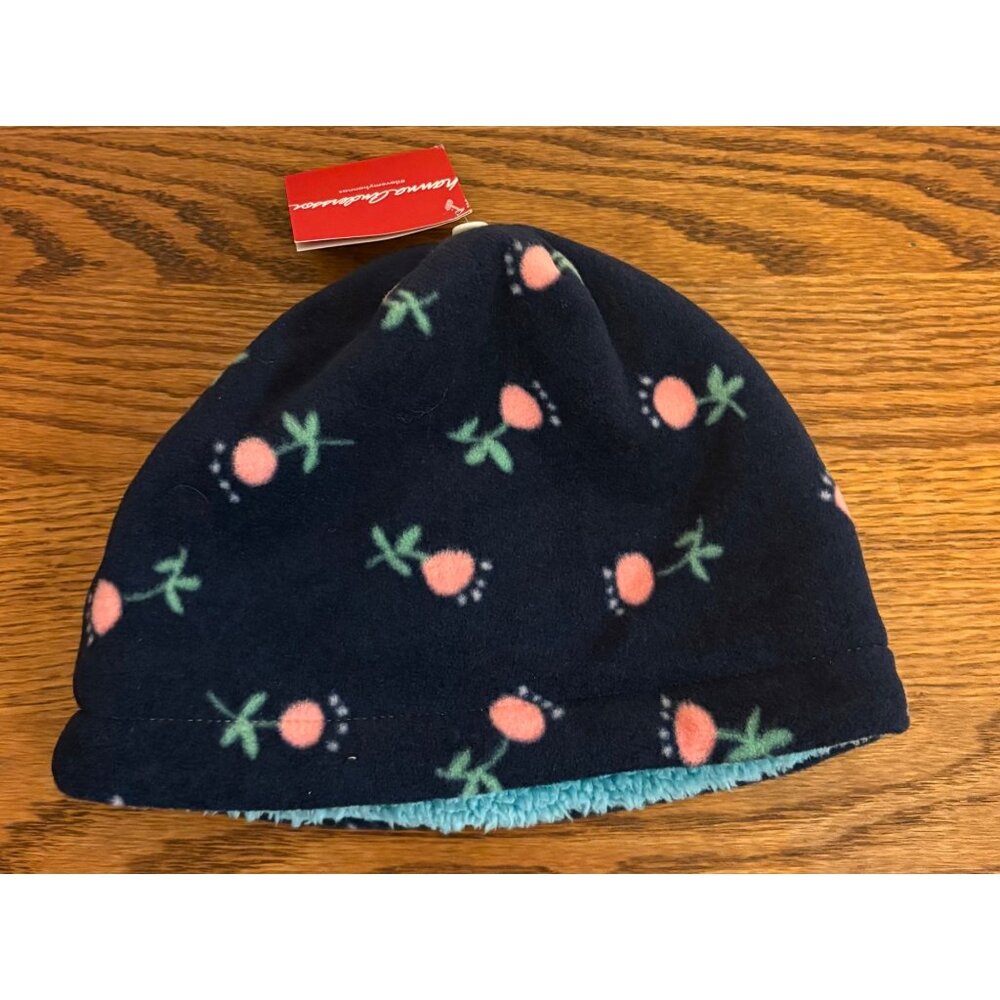 Hanna Andersson Girls Size Large Fleece Lined Beanie Hat Navy Pink Green Floral